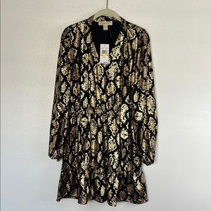 NWT Michael Kors Black & Metallic Gold Snake Print Balloon Sleeve Dress sz M